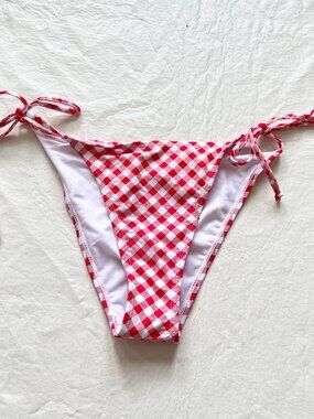 Betty Jade bikini bottoms large red white gingham side tie plaid swimsuit string